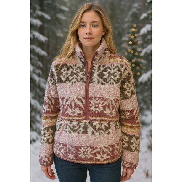 Sundance Fleece Pullover Jacket Half Zip Sherpa Snowflake Pattern Cozy Winter - Picture 1 of 6